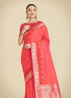 Monjolika Fashion Banarasi Silk Coral Pink Color Weaving Designer Saree | Grocsy