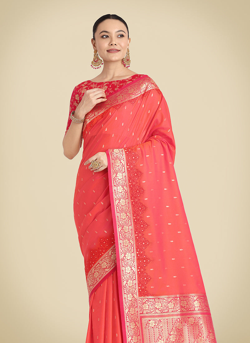 Monjolika Fashion Banarasi Silk Coral Pink Color Weaving Designer Saree | Grocsy