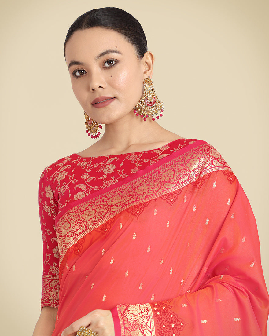 Monjolika Fashion Banarasi Silk Coral Pink Color Weaving Designer Saree | Grocsy