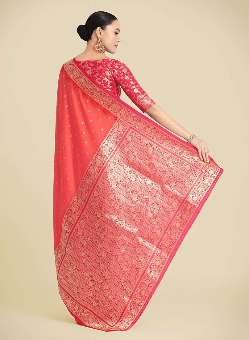 Monjolika Fashion Banarasi Silk Coral Pink Color Weaving Designer Saree | Grocsy