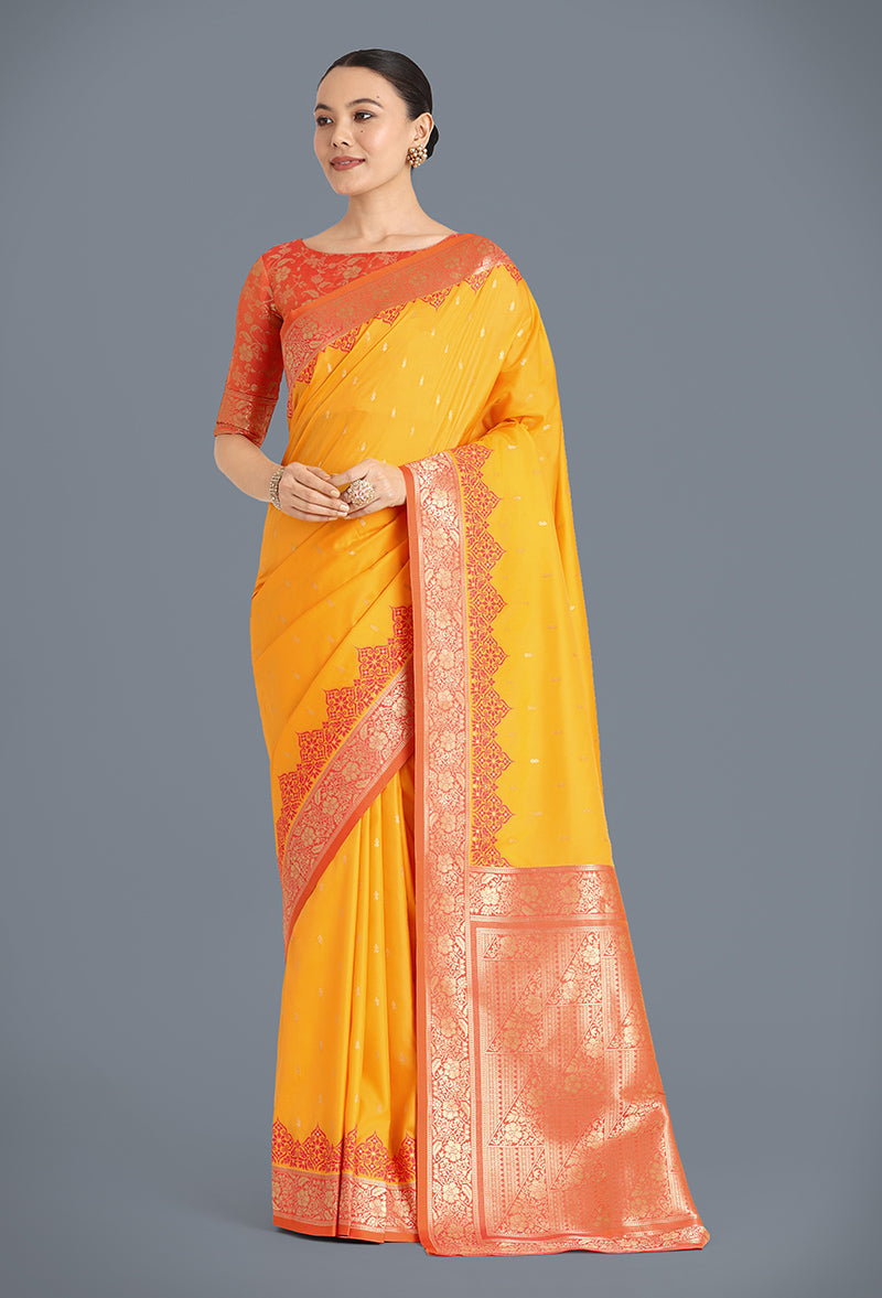 Monjolika Fashion Banarasi Silk Yellow Color Weaving Designer Saree | Grocsy
