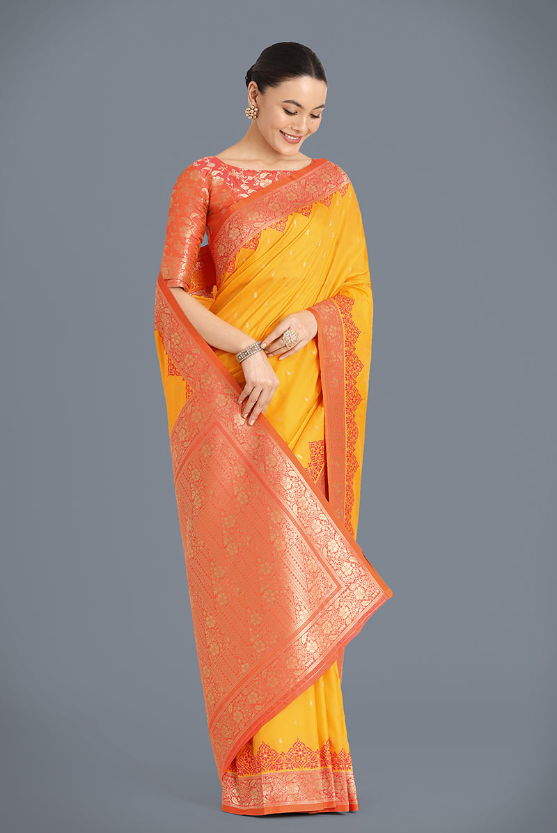 Monjolika Fashion Banarasi Silk Yellow Color Weaving Designer Saree | Grocsy