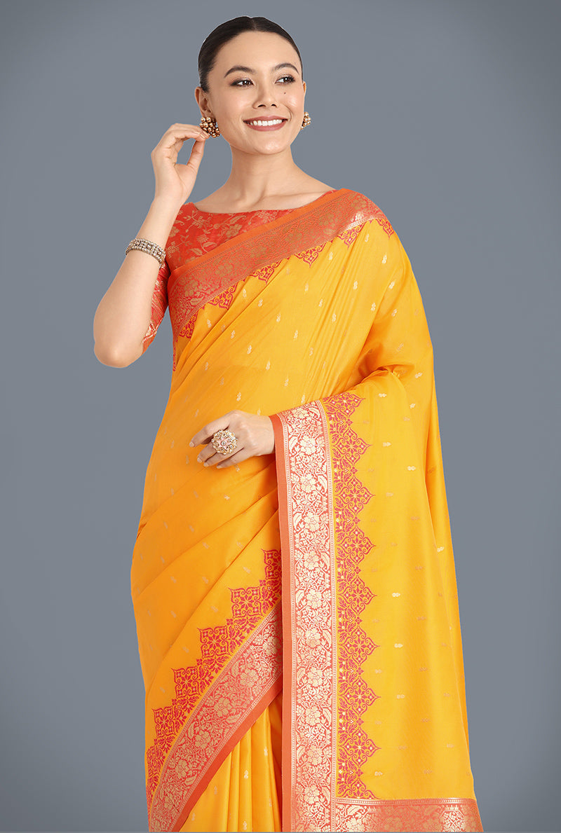 Monjolika Fashion Banarasi Silk Yellow Color Weaving Designer Saree | Grocsy