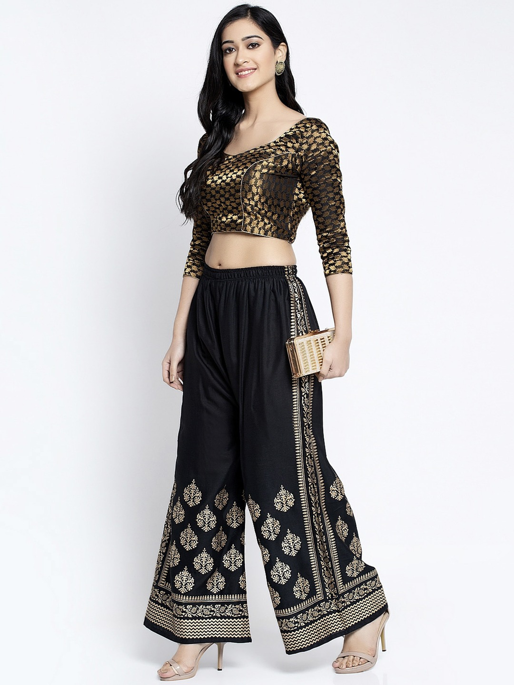 PAVONINE Black Color Block Side Printed Rayon Fabric Sharara For Women | Grocsy