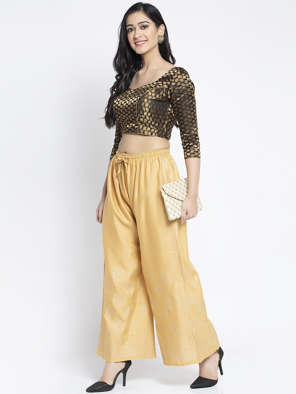 PAVONINE Beige Color Block Side Printed Rayon Fabric Sharara For Women | Grocsy
