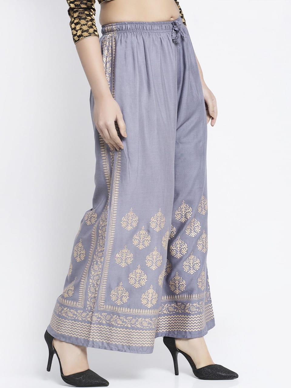 PAVONINE Grey Color Block Side Printed Rayon Fabric Sharara For Women | Grocsy