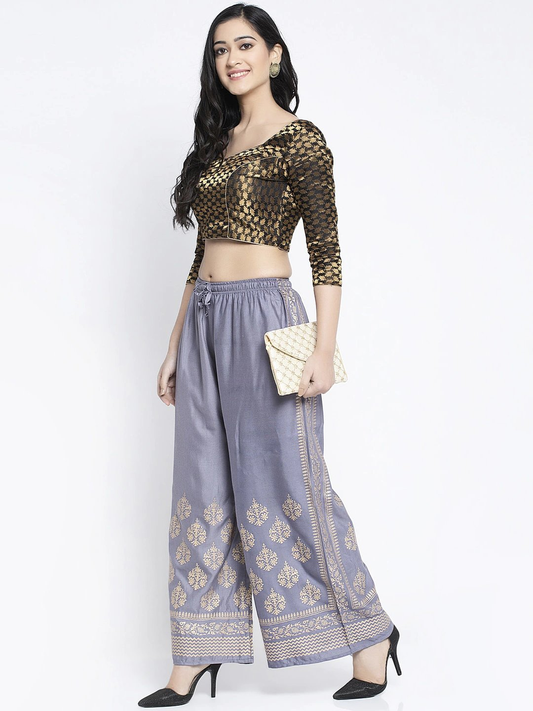PAVONINE Grey Color Block Side Printed Rayon Fabric Sharara For Women | Grocsy