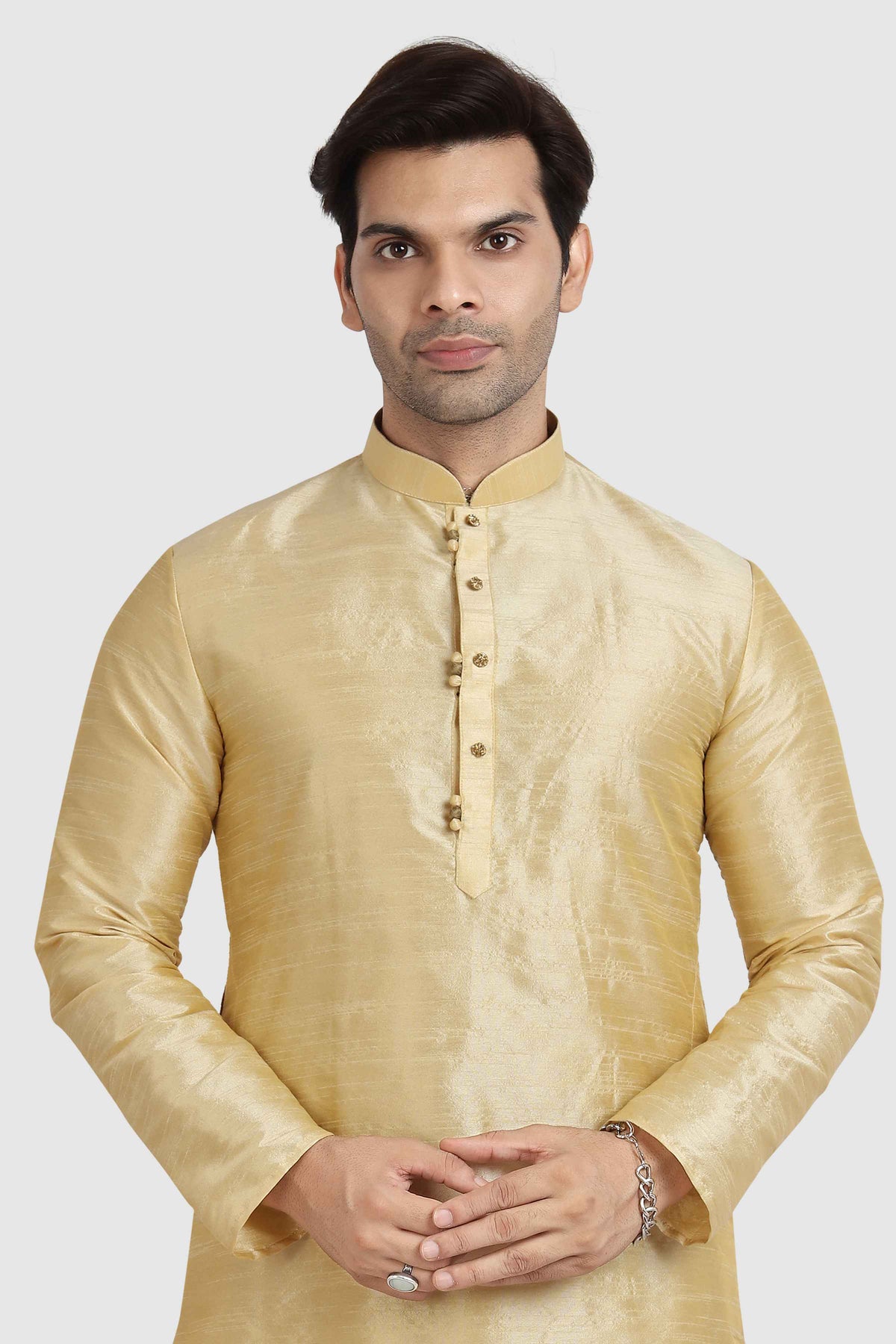 Raivat Ethnic Art Silk Kurta Pajama In Gold Colour | Grocsy