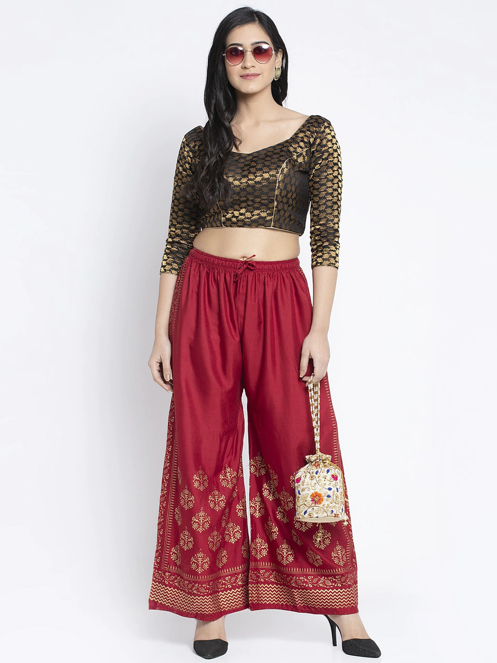 PAVONINE Maroon Color Block Side Printed Rayon Fabric Sharara For Women | Grocsy