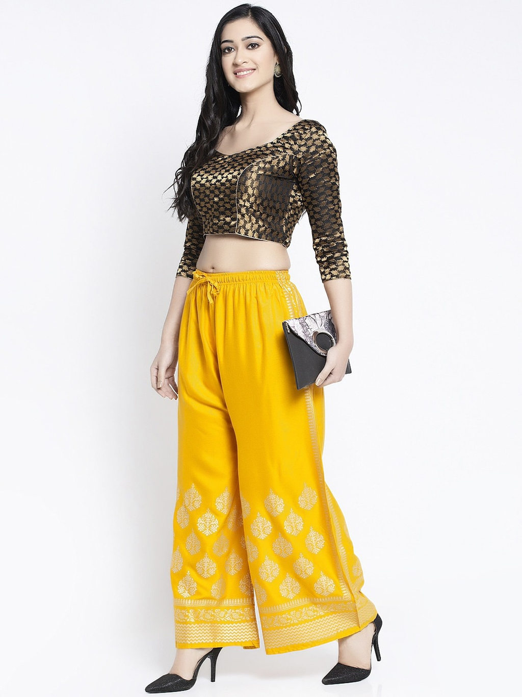 PAVONINE Mustard Color Block Side Printed Rayon Fabric Sharara For Women | Grocsy
