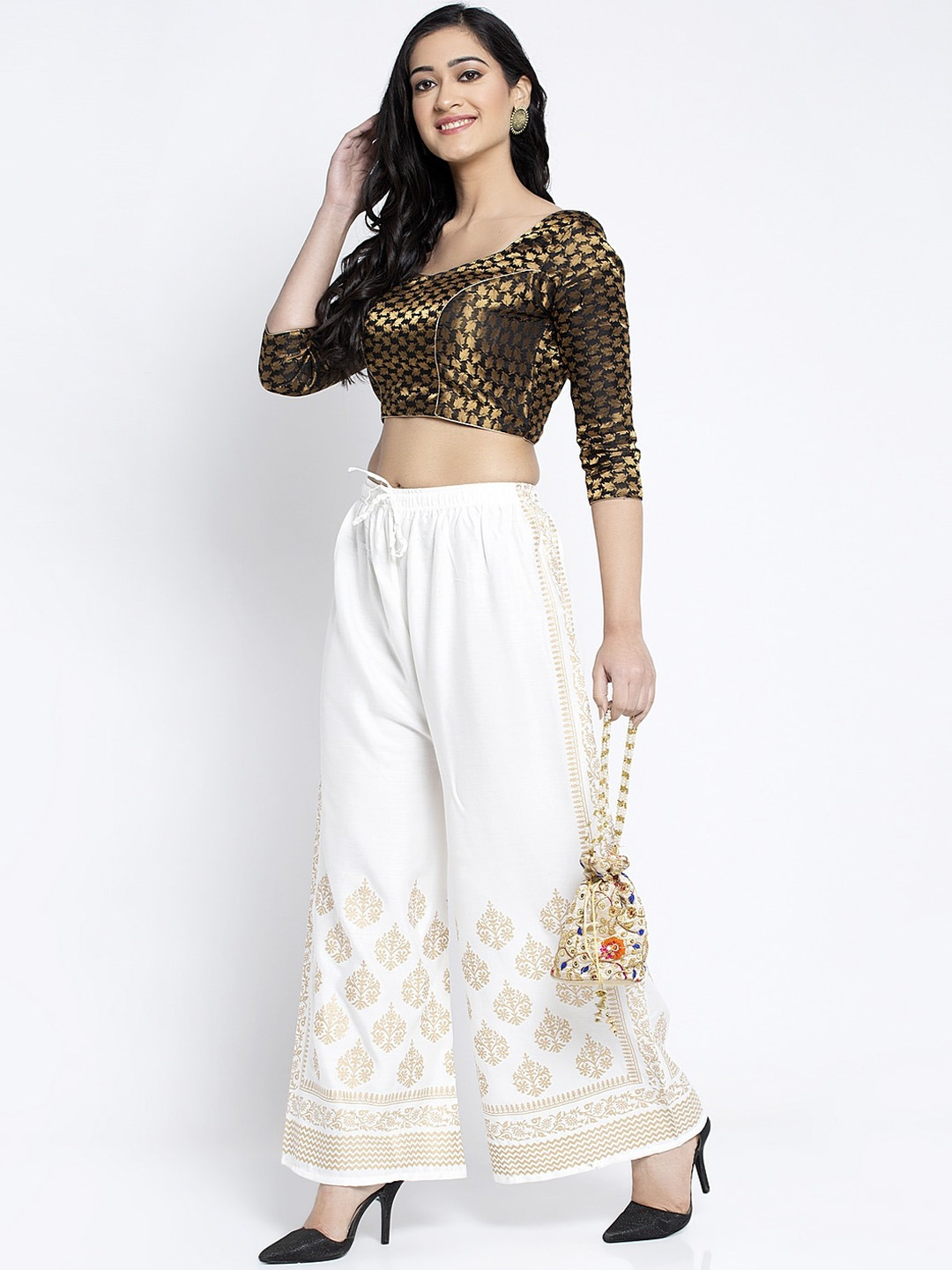 PAVONINE Off-White Color Block Side Printed Rayon Fabric Sharara For Women | Grocsy