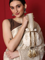 Masq Off White & Gold-Toned Embellished Embroidered Potli Clutch | Grocsy