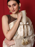 Masq Off White & Gold-Toned Embellished Embroidered Potli Clutch | Grocsy