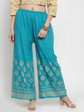 PAVONINE Rama Green Color Block Side Printed Rayon Fabric Sharara For Women | Grocsy