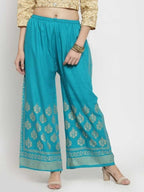 PAVONINE Rama Green Color Block Side Printed Rayon Fabric Sharara For Women | Grocsy