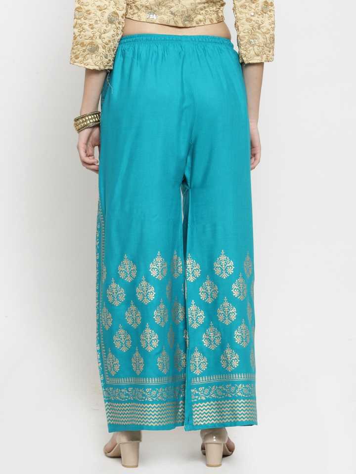 PAVONINE Rama Green Color Block Side Printed Rayon Fabric Sharara For Women | Grocsy