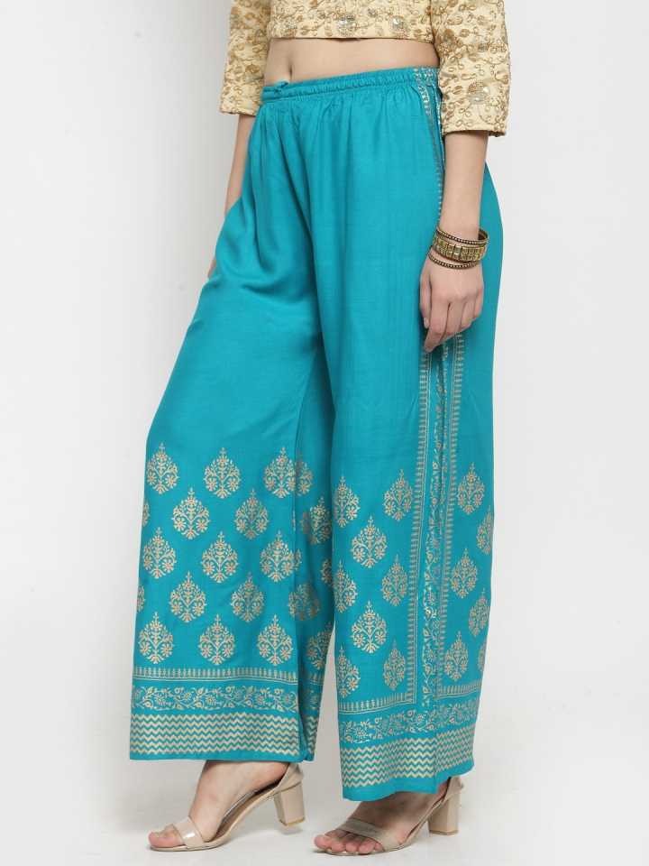 PAVONINE Rama Green Color Block Side Printed Rayon Fabric Sharara For Women | Grocsy
