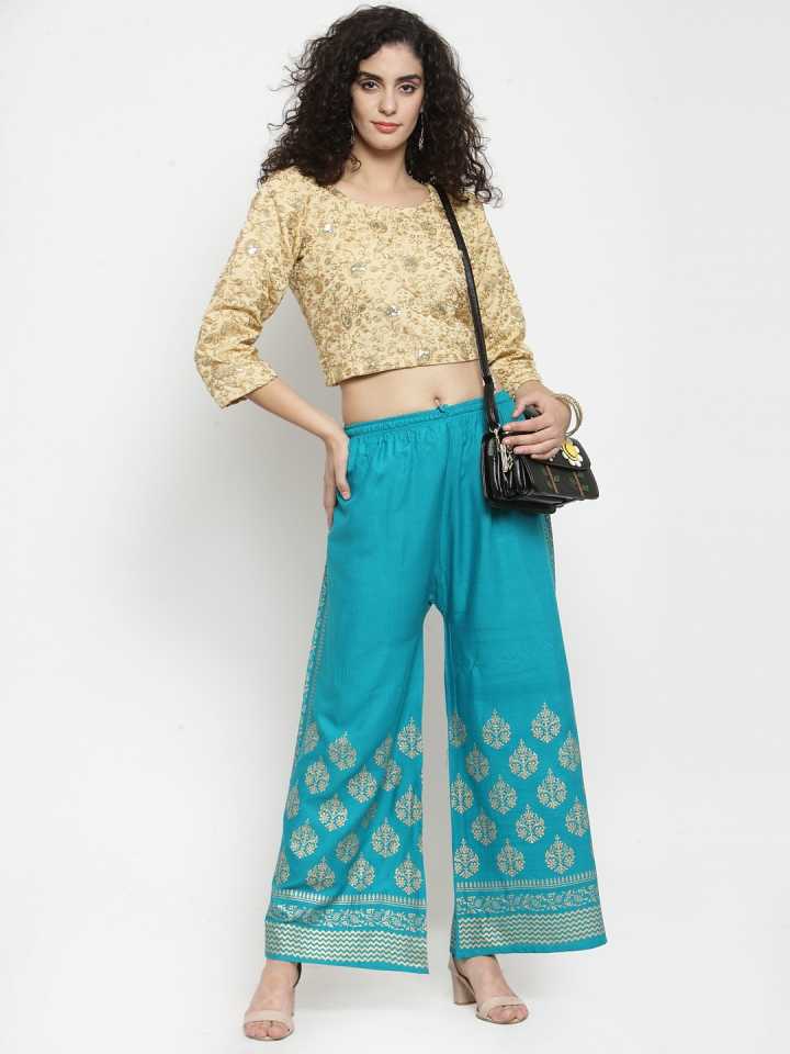 PAVONINE Rama Green Color Block Side Printed Rayon Fabric Sharara For Women | Grocsy