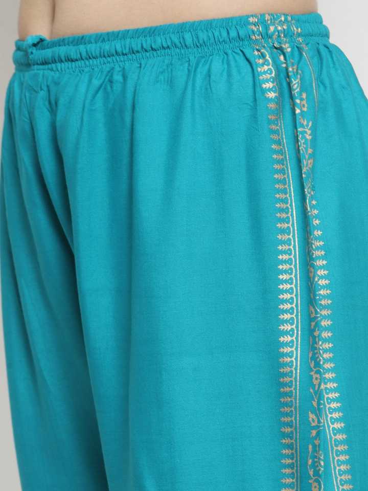 PAVONINE Rama Green Color Block Side Printed Rayon Fabric Sharara For Women | Grocsy
