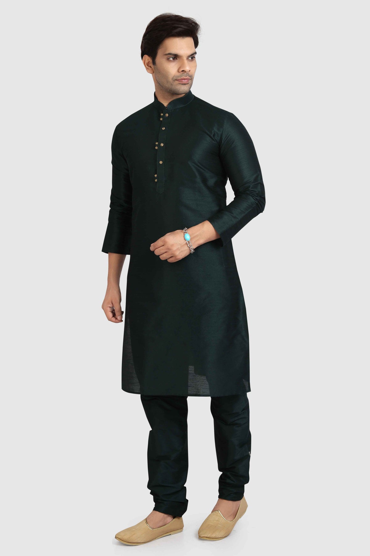 Raivat Ethnic Art Silk Kurta Pajama In Dark Green Colour | Grocsy