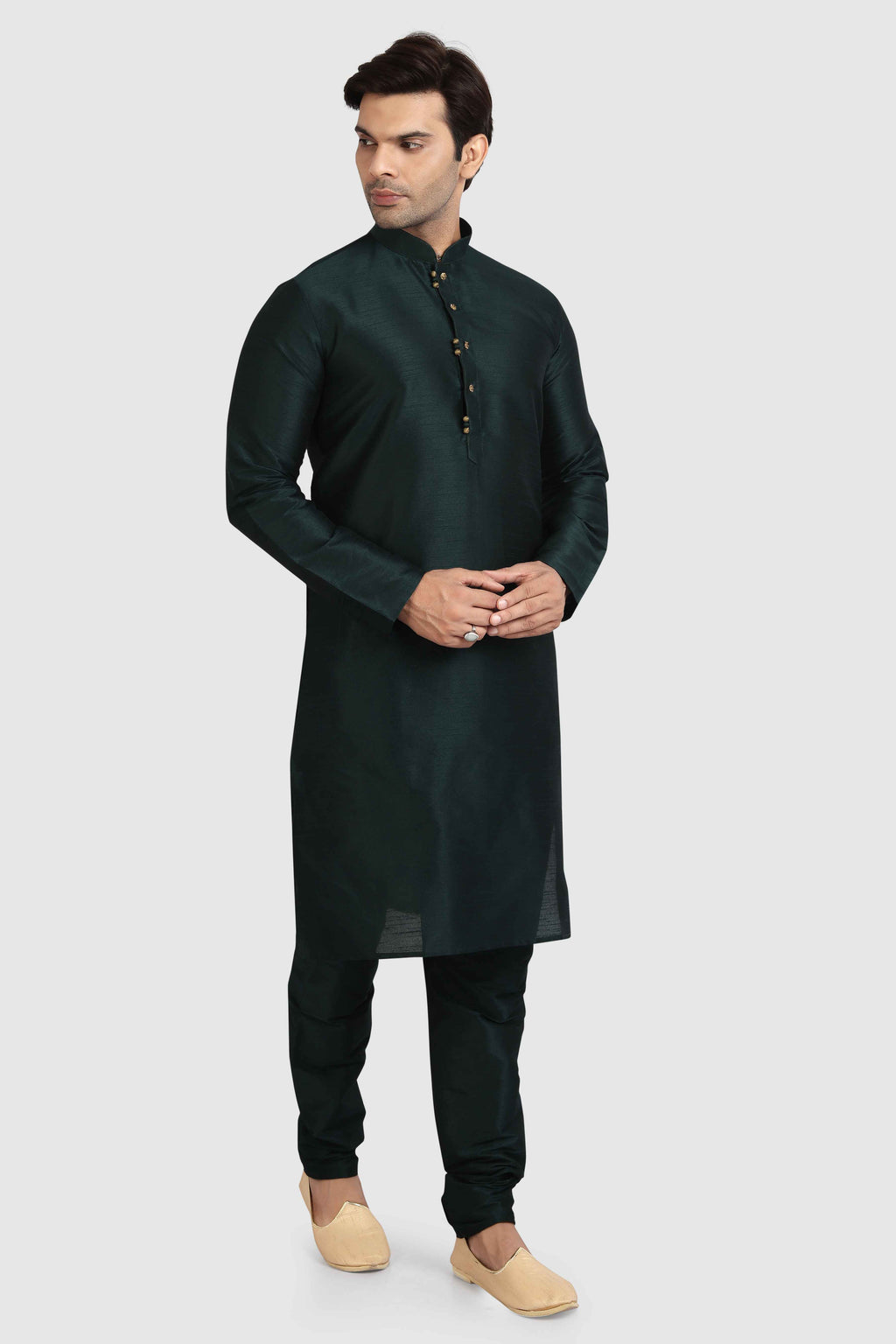 Raivat Ethnic Art Silk Kurta Pajama In Dark Green Colour | Grocsy