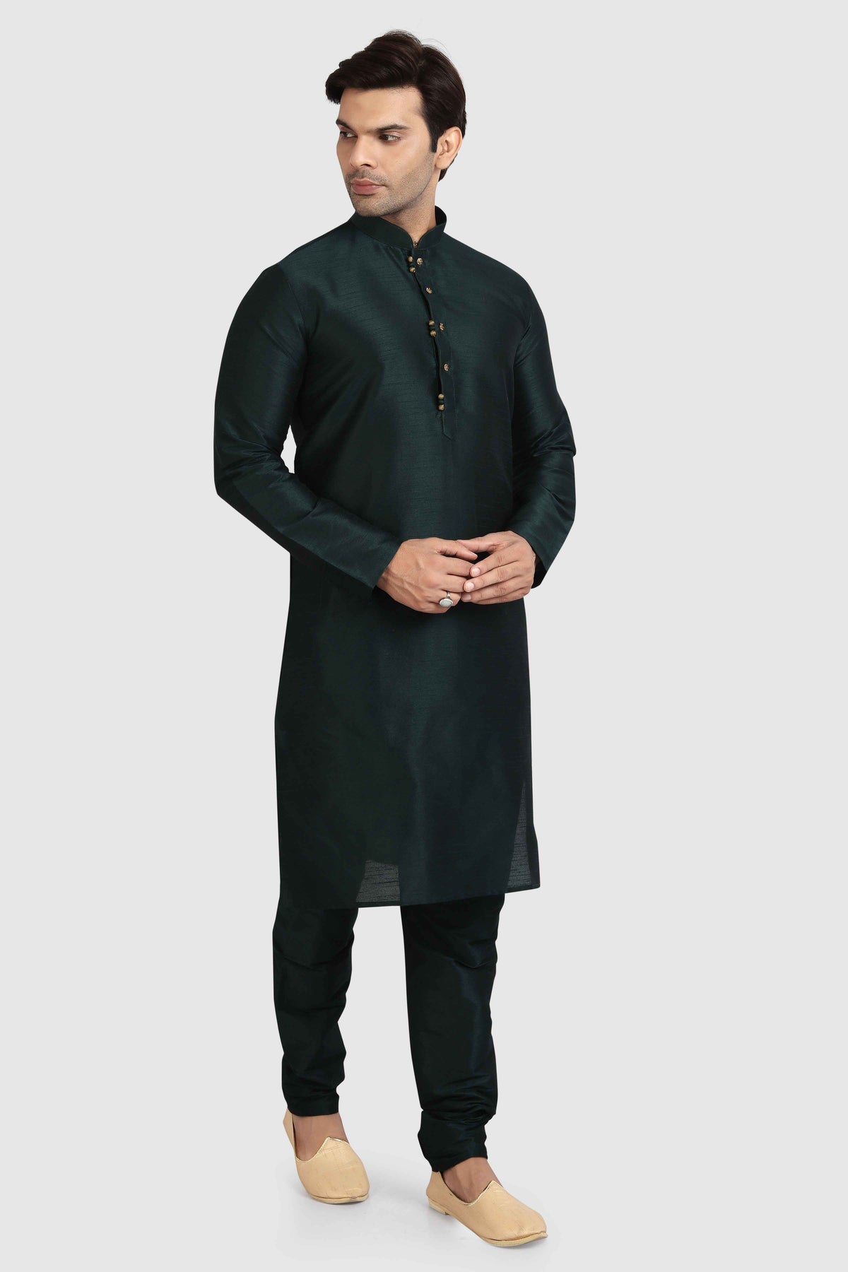 Raivat Ethnic Art Silk Kurta Pajama In Dark Green Colour | Grocsy
