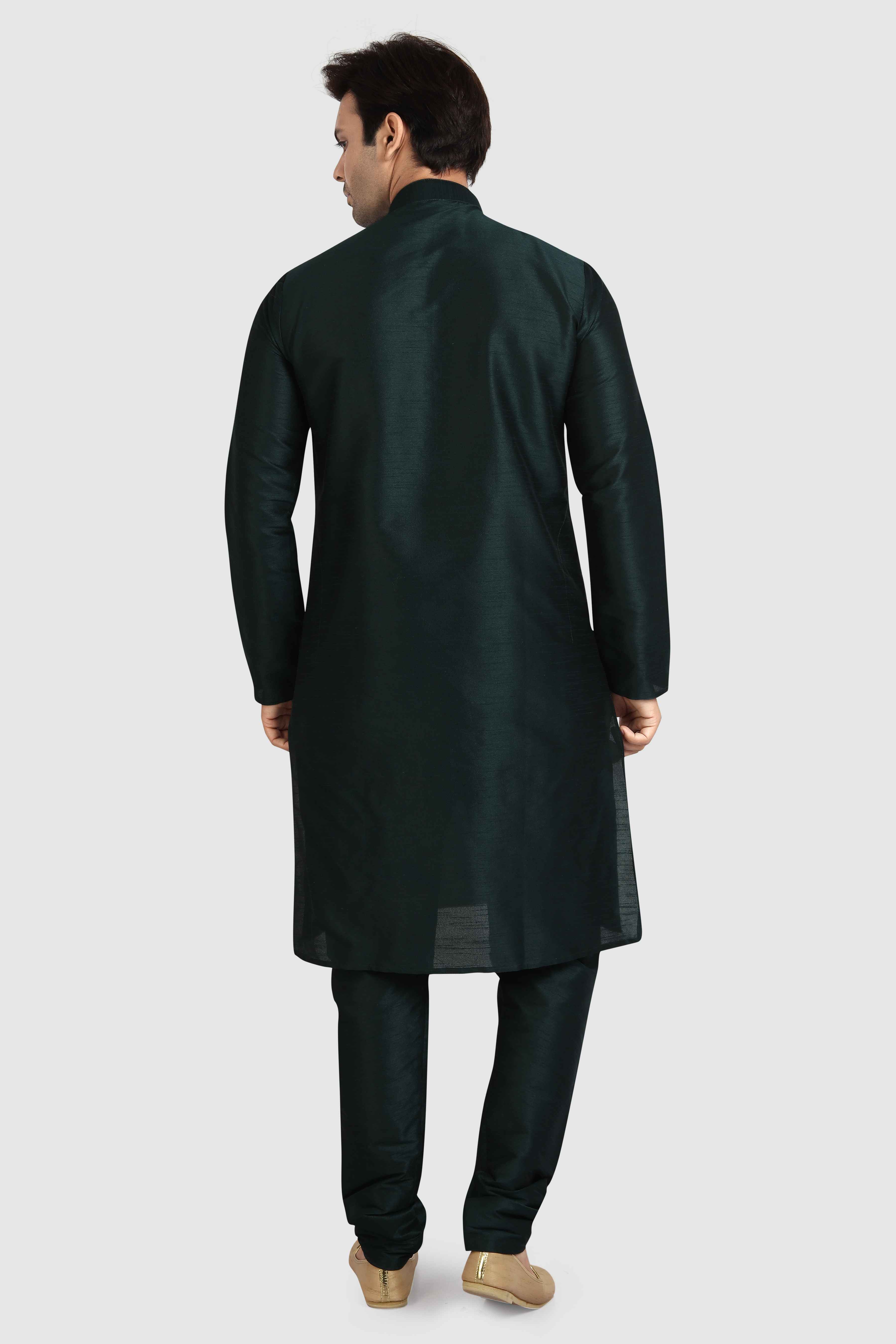 Raivat Ethnic Art Silk Kurta Pajama In Dark Green Colour | Grocsy