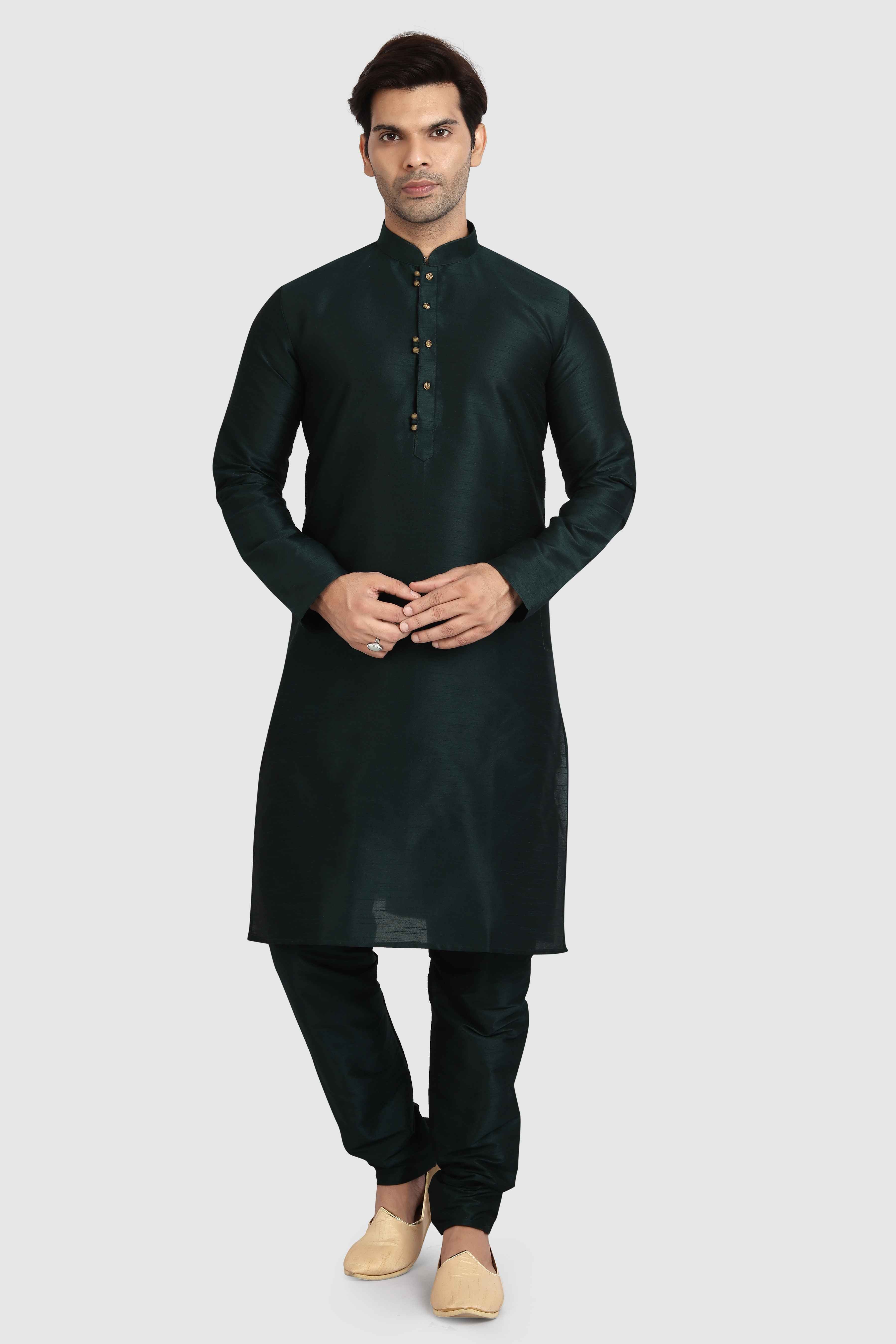 Raivat Ethnic Art Silk Kurta Pajama In Dark Green Colour | Grocsy