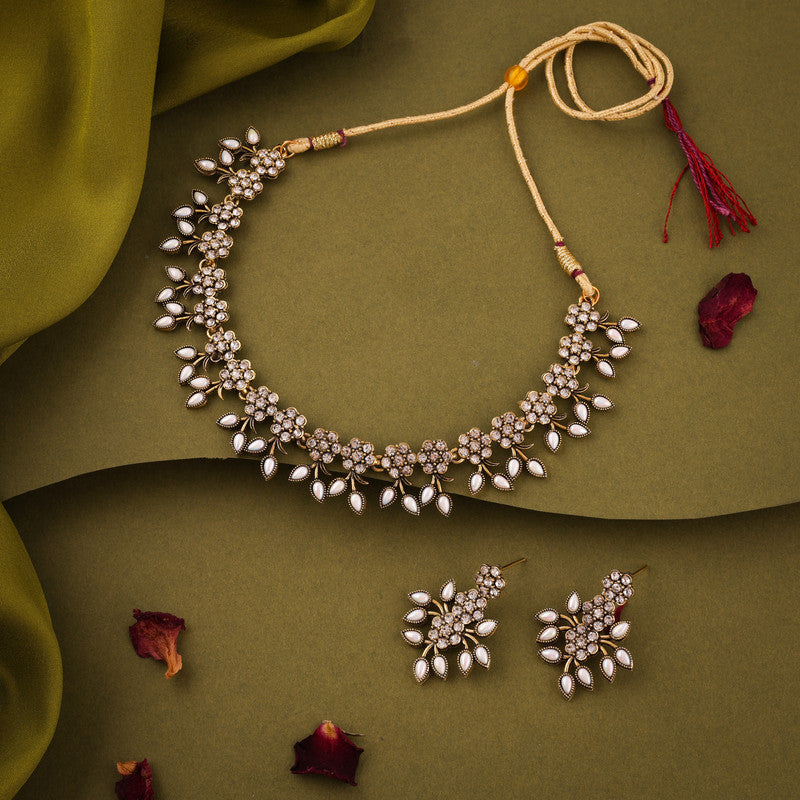 Tehzeeb Creations White Colour Pack of 1 Gold-Polished Choker Necklace Set With Earring For Women & Girls - Swadesiicart