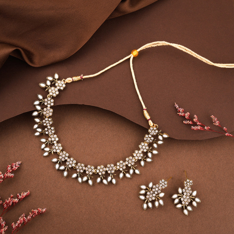 Tehzeeb Creations White Colour Pack of 1 Gold-Polished Choker Necklace Set With Earring For Women & Girls - Swadesiicart