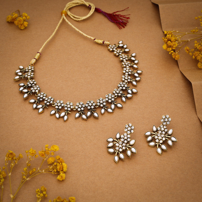 Tehzeeb Creations White Colour Pack of 1 Gold-Polished Choker Necklace Set With Earring For Women & Girls - Swadesiicart