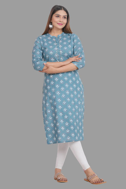 House of RP Women's Grey Cotton Floral Print Straight Kurta | Grocsy