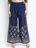PAVONINE Royal Blue Color Block Side Printed Rayon Fabric Sharara For Women | Grocsy