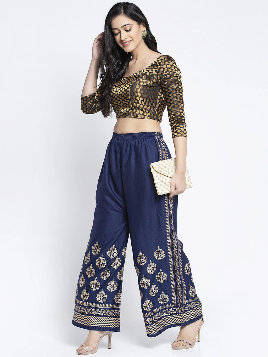 PAVONINE Royal Blue Color Block Side Printed Rayon Fabric Sharara For Women | Grocsy