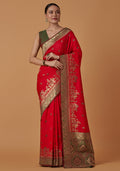 Monjolika Fashion Red Banarasi Silk Blend SareeWith Traditional & Modern Dulha Dulhan Figure Zari Woven Detailing | Grocsy
