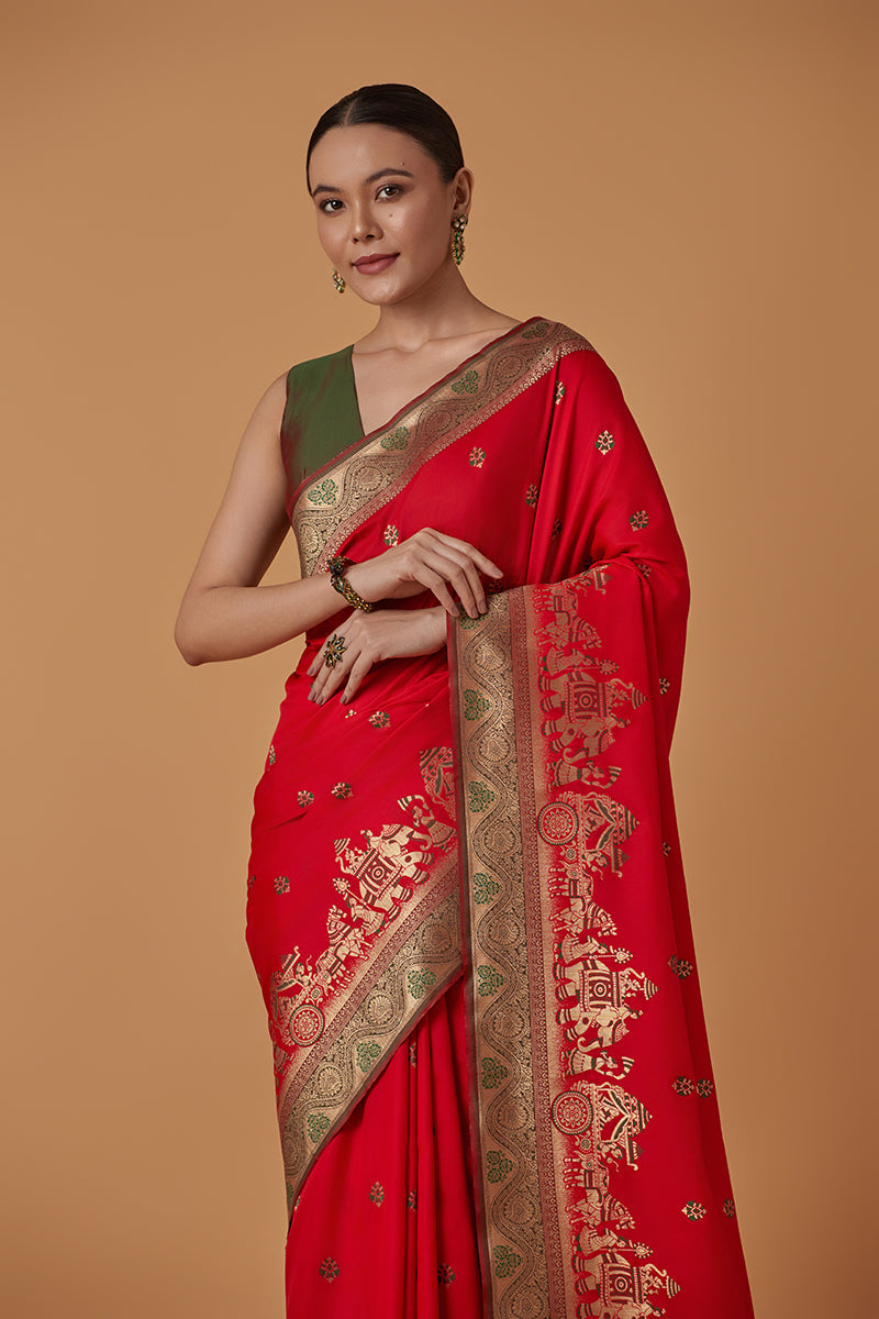 Monjolika Fashion Red Banarasi Silk Blend SareeWith Traditional & Modern Dulha Dulhan Figure Zari Woven Detailing | Grocsy
