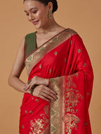 Monjolika Fashion Red Banarasi Silk Blend SareeWith Traditional & Modern Dulha Dulhan Figure Zari Woven Detailing | Grocsy