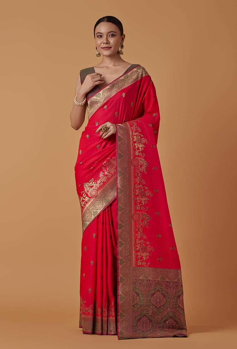 Monjolika Fashion Pink Banarasi Silk Blend SareeWith Traditional & Modern Dulha Dulhan Figure Zari Woven Detailing | Grocsy
