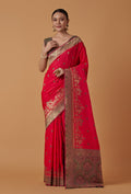 Monjolika Fashion Pink Banarasi Silk Blend SareeWith Traditional & Modern Dulha Dulhan Figure Zari Woven Detailing | Grocsy