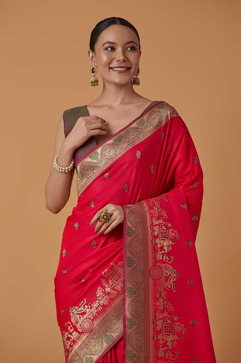 Monjolika Fashion Pink Banarasi Silk Blend SareeWith Traditional & Modern Dulha Dulhan Figure Zari Woven Detailing | Grocsy