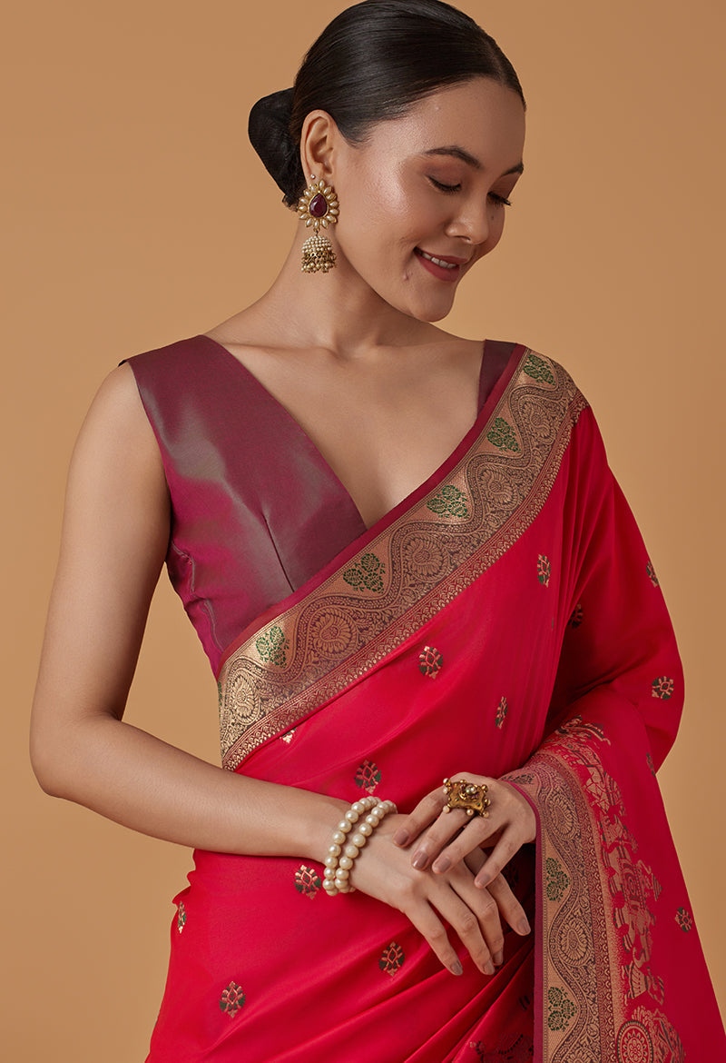 Monjolika Fashion Pink Banarasi Silk Blend SareeWith Traditional & Modern Dulha Dulhan Figure Zari Woven Detailing | Grocsy