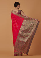 Monjolika Fashion Pink Banarasi Silk Blend SareeWith Traditional & Modern Dulha Dulhan Figure Zari Woven Detailing | Grocsy