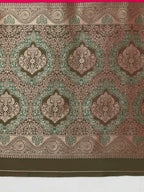 Monjolika Fashion Pink Banarasi Silk Blend SareeWith Traditional & Modern Dulha Dulhan Figure Zari Woven Detailing | Grocsy