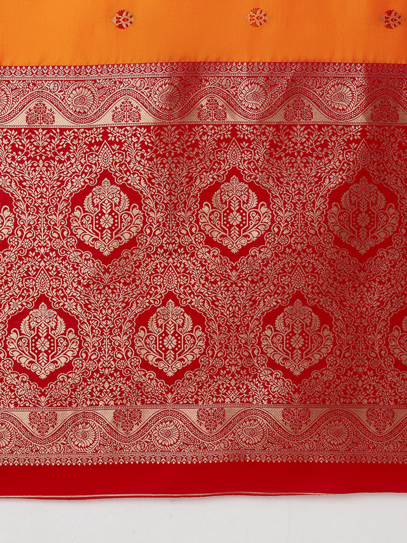 Monjolika Fashion Amber Banarasi Silk Blend SareeWith Traditional & Modern Dulha Dulhan Figure Zari Woven Detailing | Grocsy