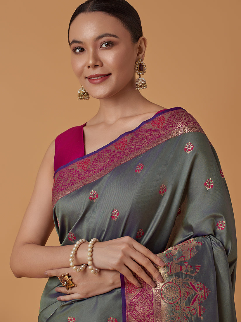 Monjolika Fashion Olive Banarasi Silk Blend SareeWith Traditional & Modern Dulha Dulhan Figure Zari Woven Detailing | Grocsy