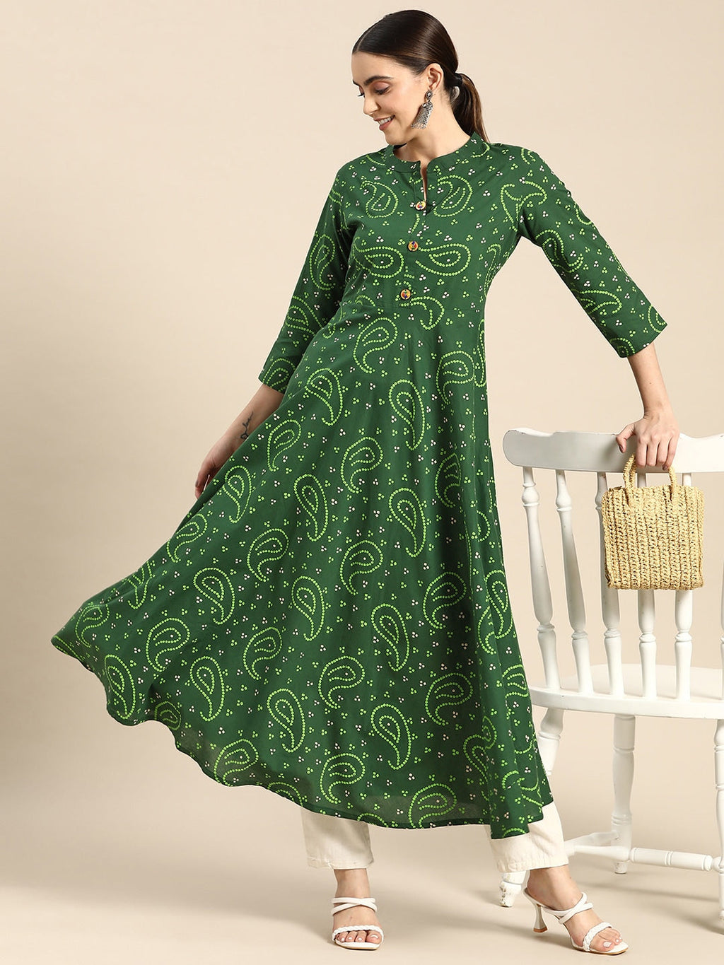 Sangria Women Green Bandhani Printed Anarkali Kurta | Grocsy