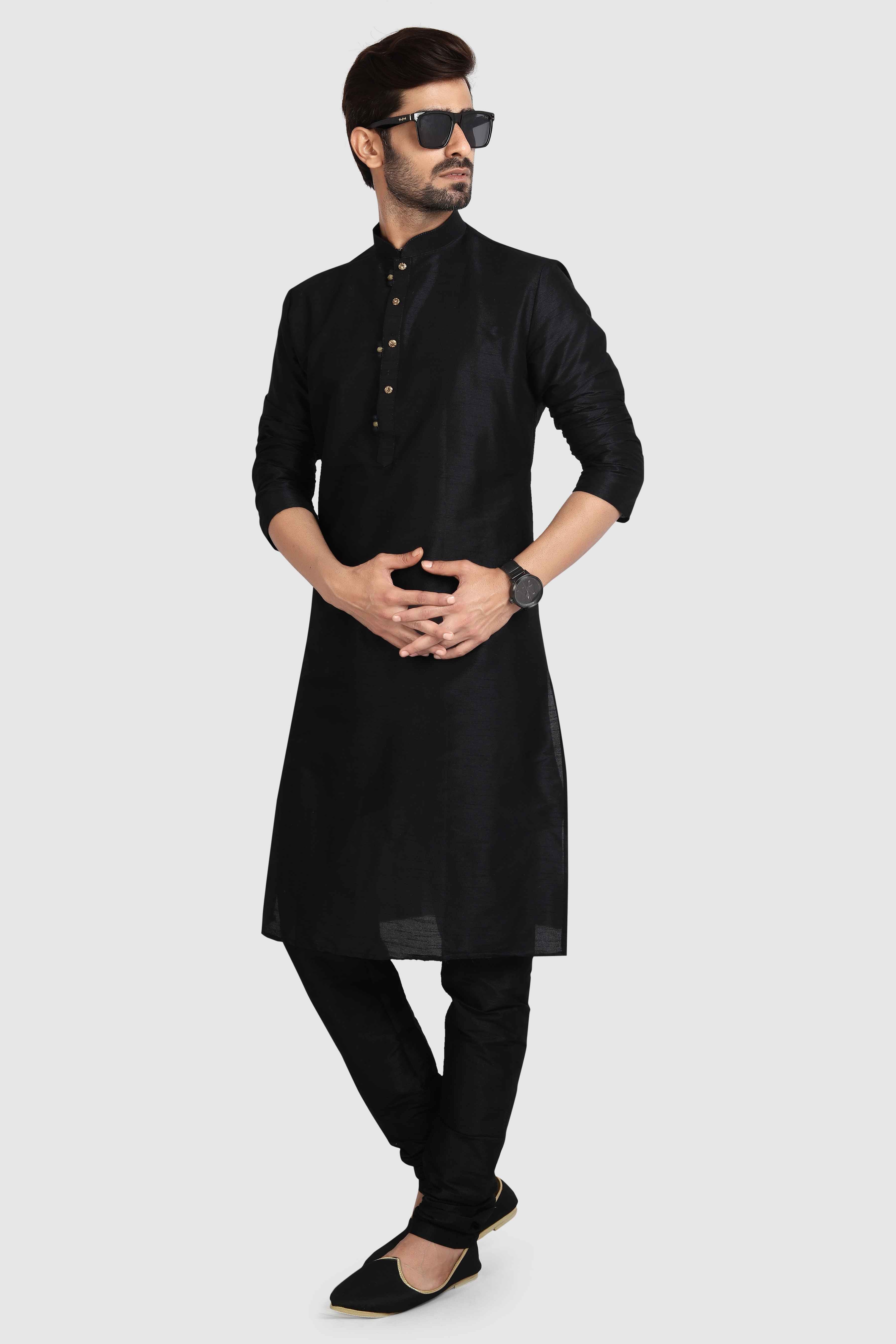 Raivat Ethnic Art Silk Kurta Pajama In Black Colour | Grocsy