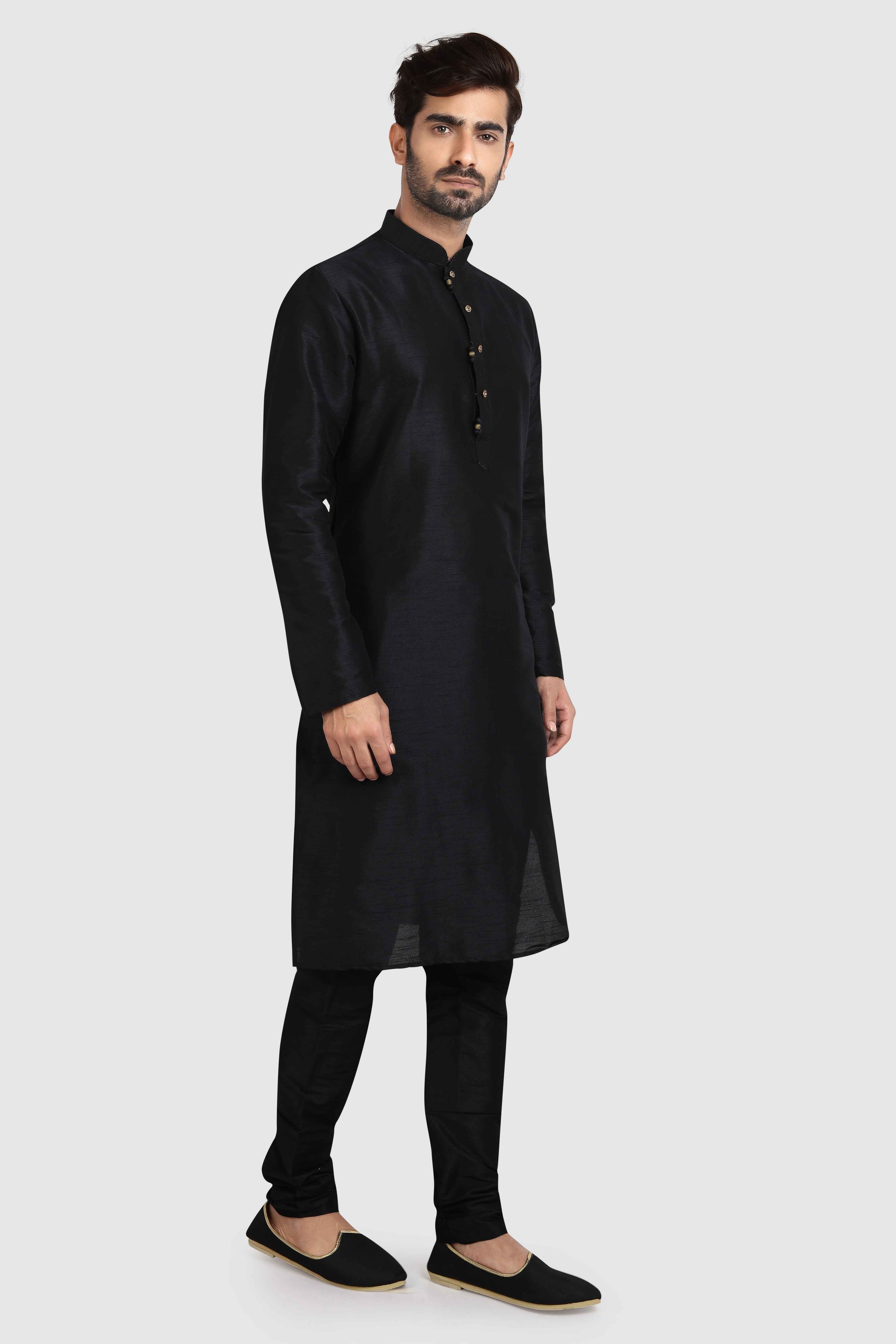 Raivat Ethnic Art Silk Kurta Pajama In Black Colour | Grocsy
