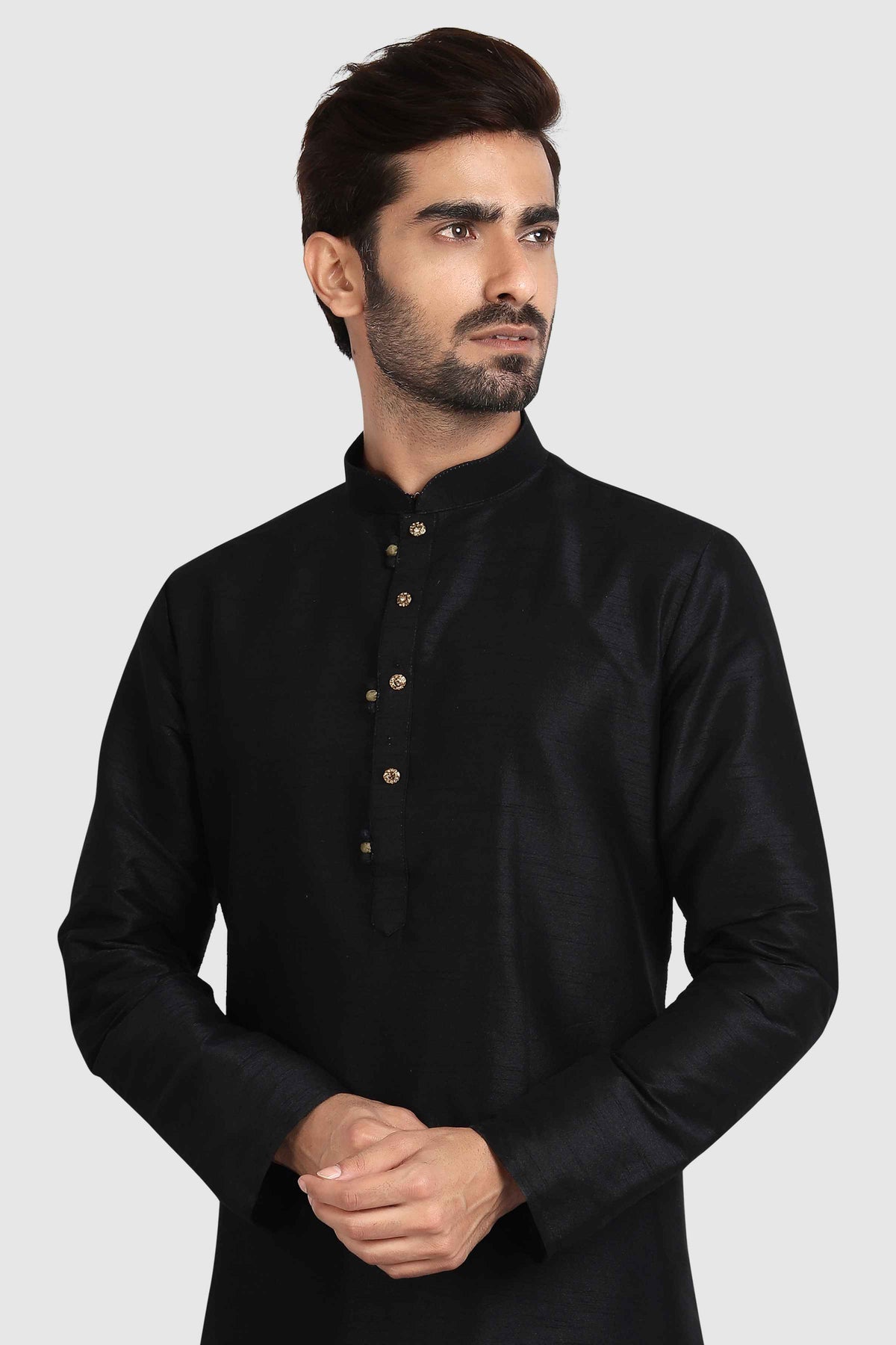 Raivat Ethnic Art Silk Kurta Pajama In Black Colour | Grocsy