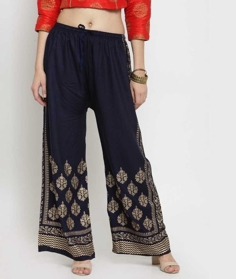 PAVONINE Navy Blue Color Block Side Printed Rayon Fabric Sharara For Women | Grocsy
